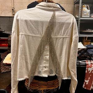 White, denim jacket, sparkle fringe